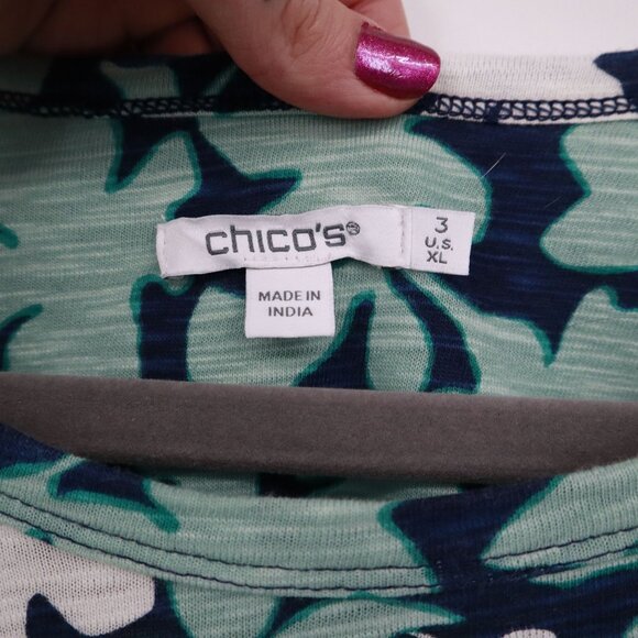 Chico's Floral Smocked Cuff Tee Womens XL Blue Bloomcore Peasant Boho Hippie‎ - Picture 3 of 16